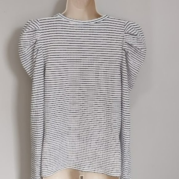 LOFT Black and White Striped Pleated Puffy Shoulder Long Sleeve Top Medium - Picture 9 of 12